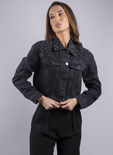 Jaqueta Jeans Preta com Pedraria